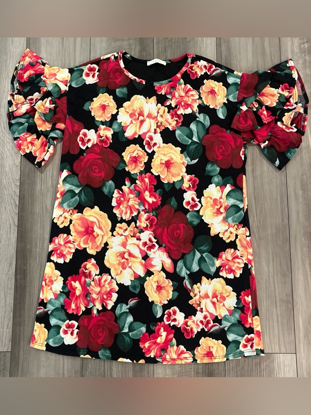 Black Floral Ruffle Sleeve Women's Dress